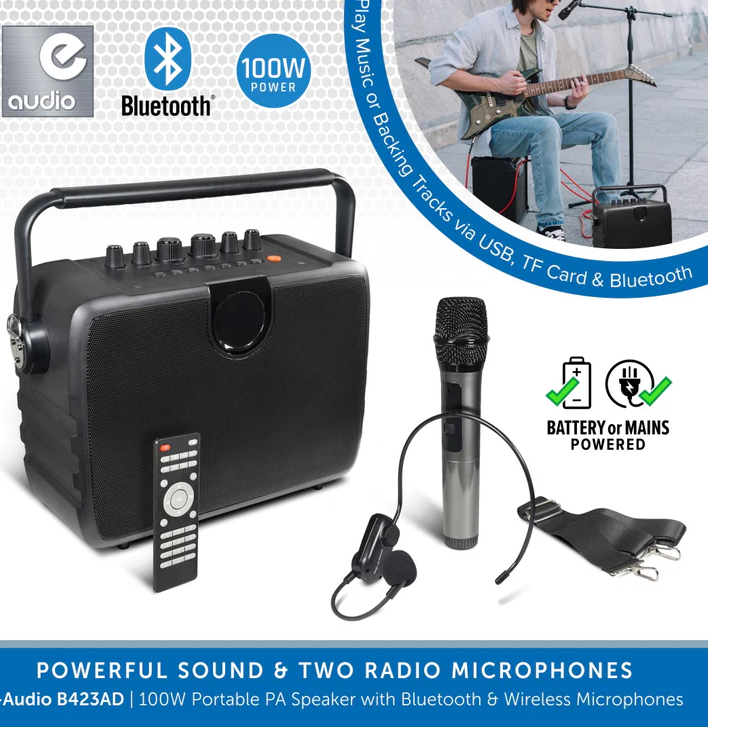 E AudioB423AD100WPortablePASpeakerSystemwithBluetoothandWirelessMicrophones1 747x747