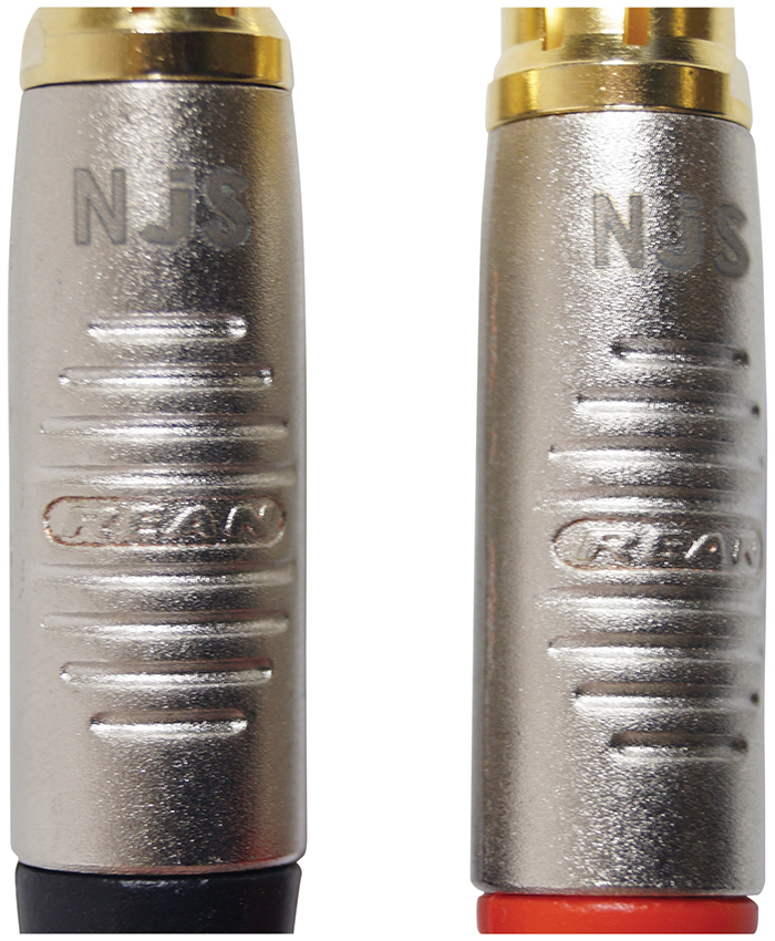 NJS781 6.35 Stereo Jack plug to 2x Phono plugs connection closeup