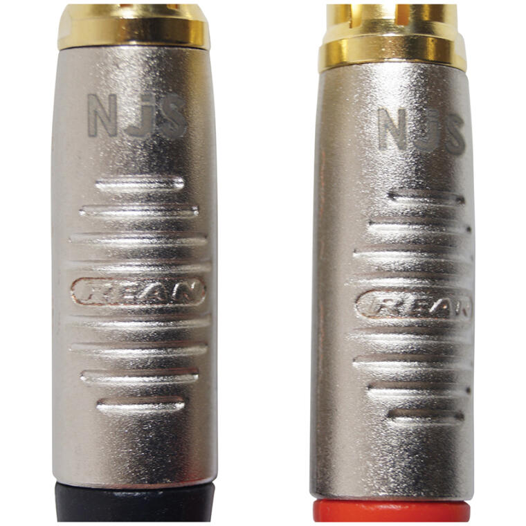 NJS781 6.35 Stereo Jack plug to 2x Phono plugs connection closeup
