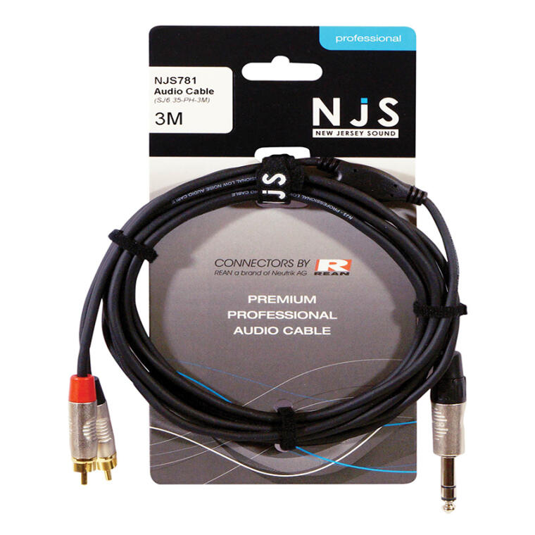 NJS781 6.35 Stereo Jack plug to 2x Phono plugs with packing