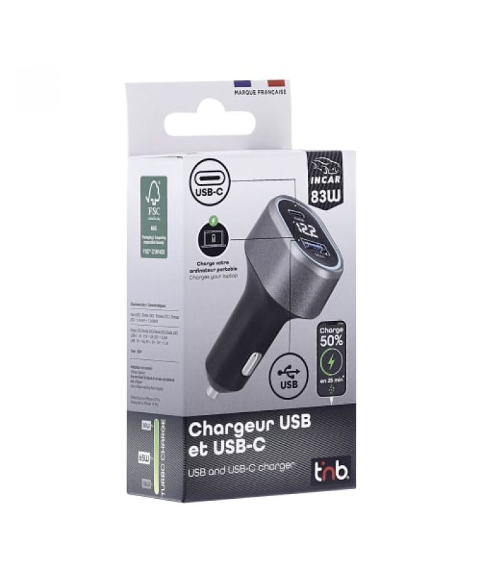 83W Car Charger with 1 x USB and 1 x USB-C, QC and PD
