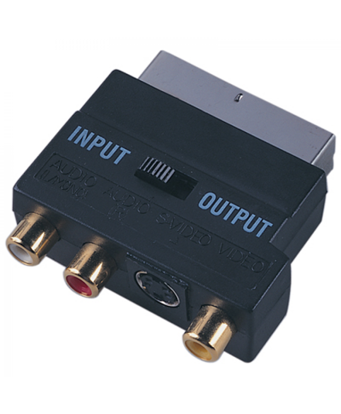 Switched Scart Plug to 3 Gold Plated Phono and SVHS Sockets Adaptor